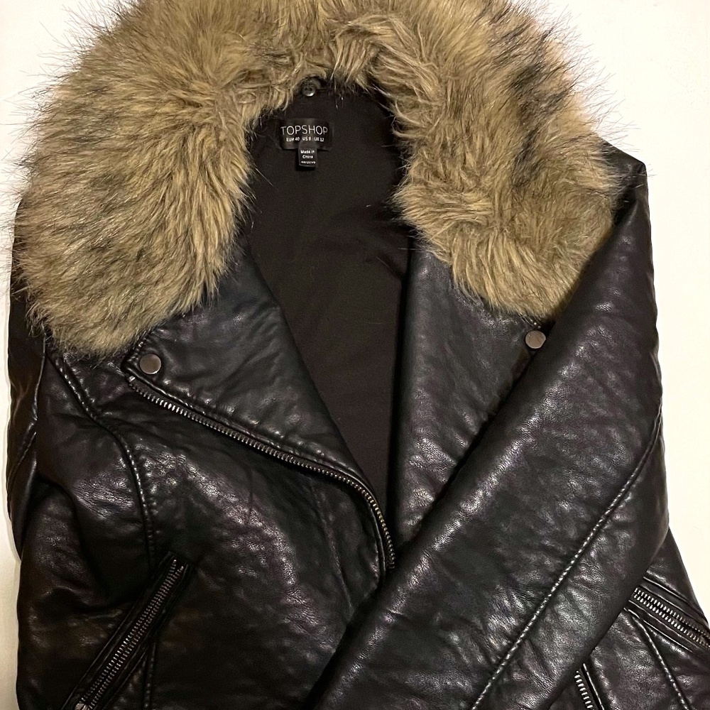Topshop Faux Fur Collar Leather Jacket